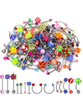 Lot of 110 Body Jewelry Piercings - Eyebrow, Navel, Belly, Tongue & Lip Rings